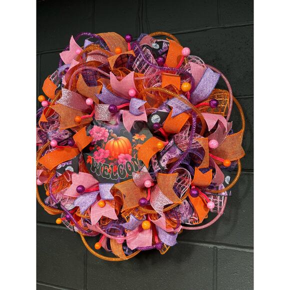 Fall Wreath For Front Door Halloween Pumpkin Orange Pink Purple Handmade 24 inch - Picture 3 of 7